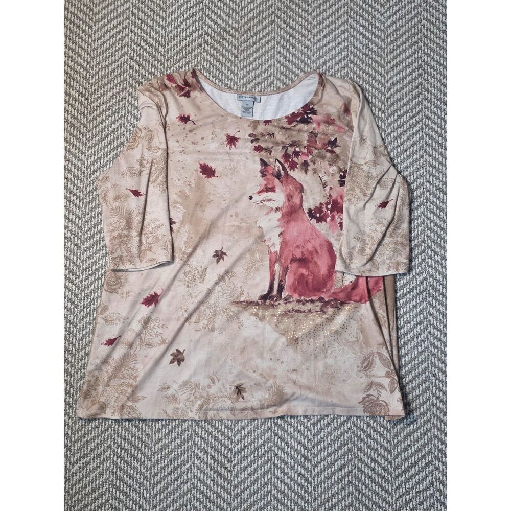 Catherines Women's Plus Size 0X Beige Woodland Fox Fall 3/4 Sleeve Blouse Top